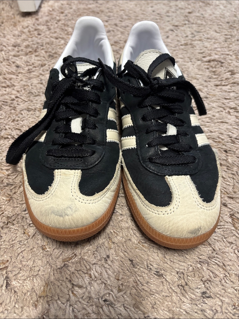 adidas women’s Samba Black and Cream Leather Sneakers with Gum Sole - Picture 3 of 5